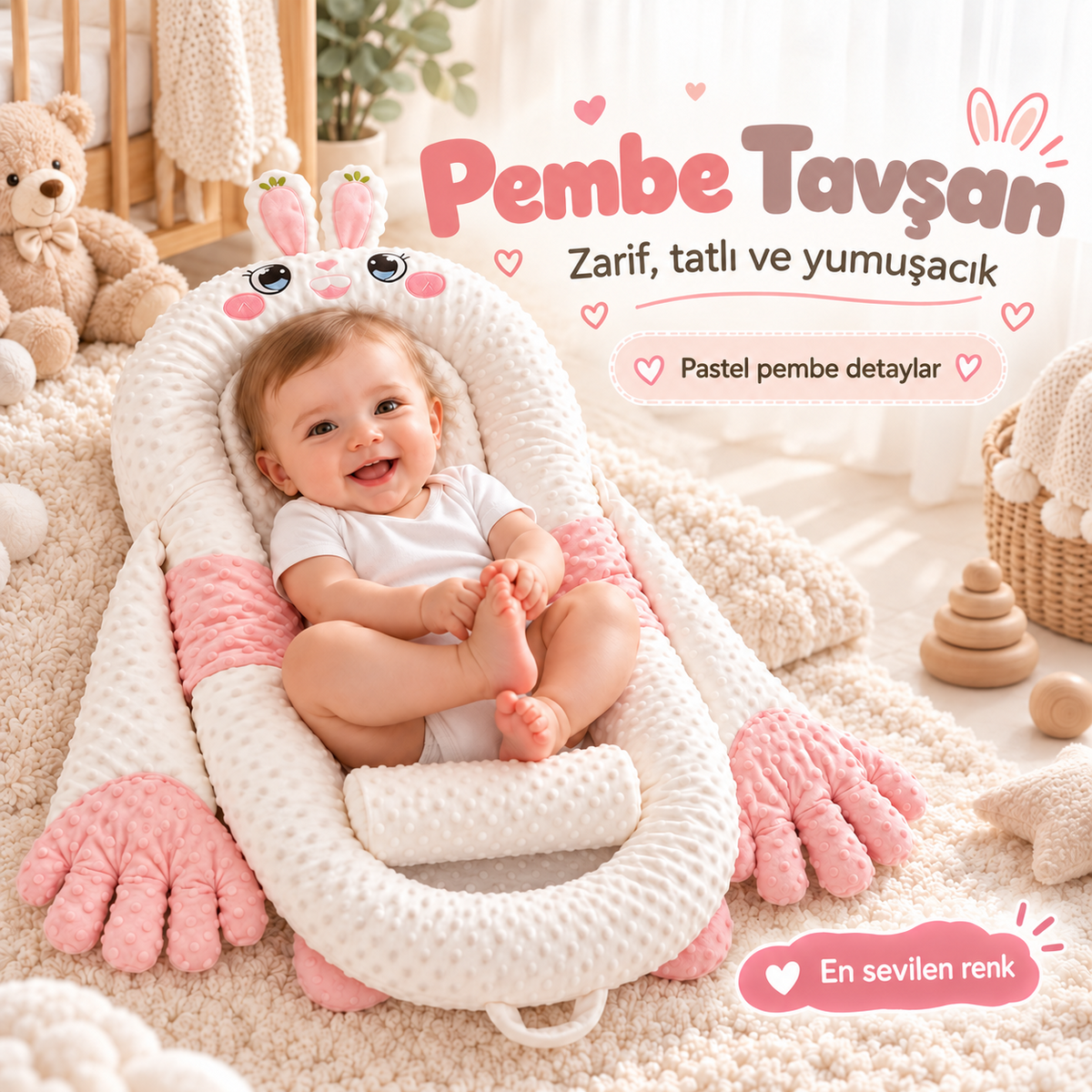 Pembe Tavşan karakterli minder tanıtımı — temsili görsel